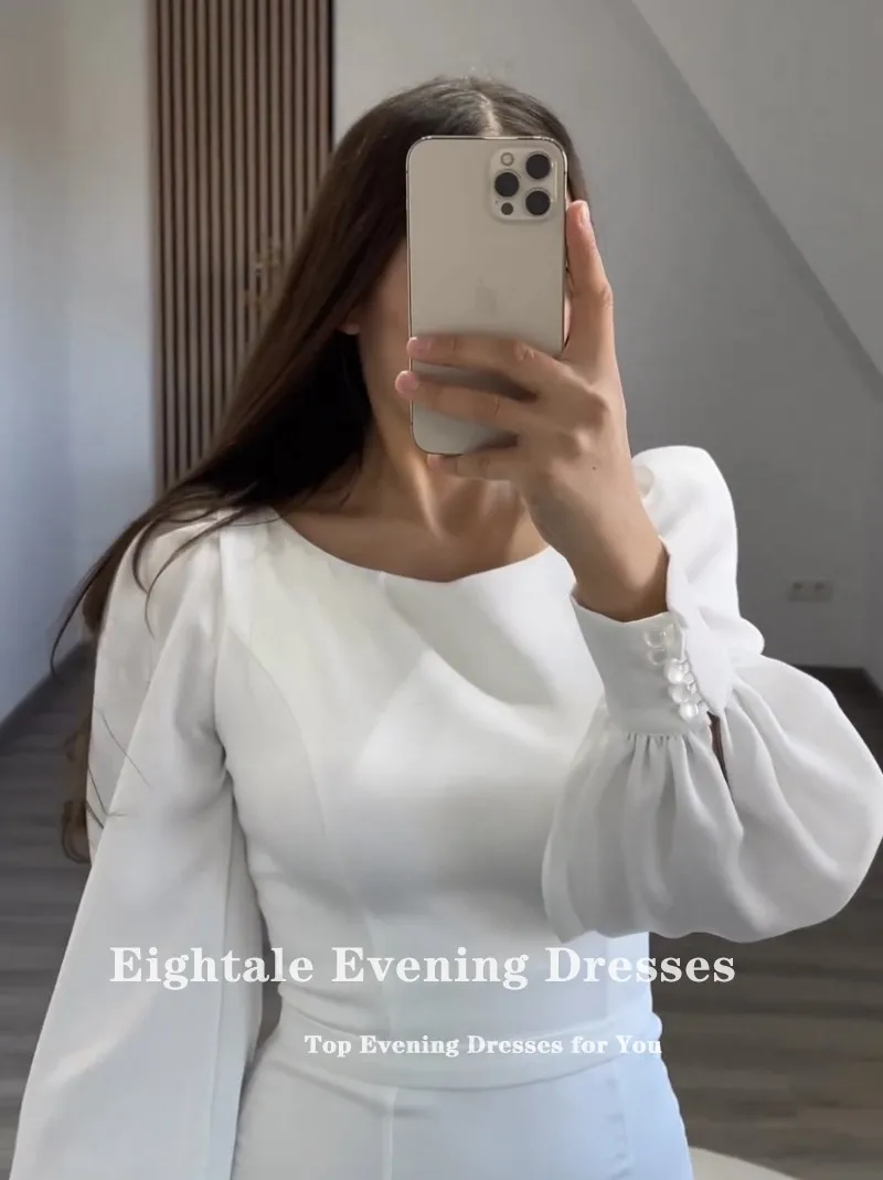 EPackage-Robe de soirée blanche en mousseline de soie, col rond, manches longues bouffantes, personnalisée, robe de Rharabe, robe de Dubaï, fête de mariage