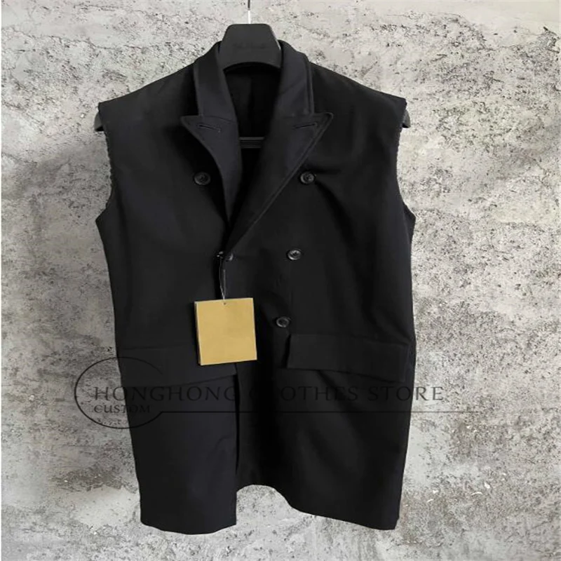 Single-button design, large pocket jacket, black suit collar sleeveless coat