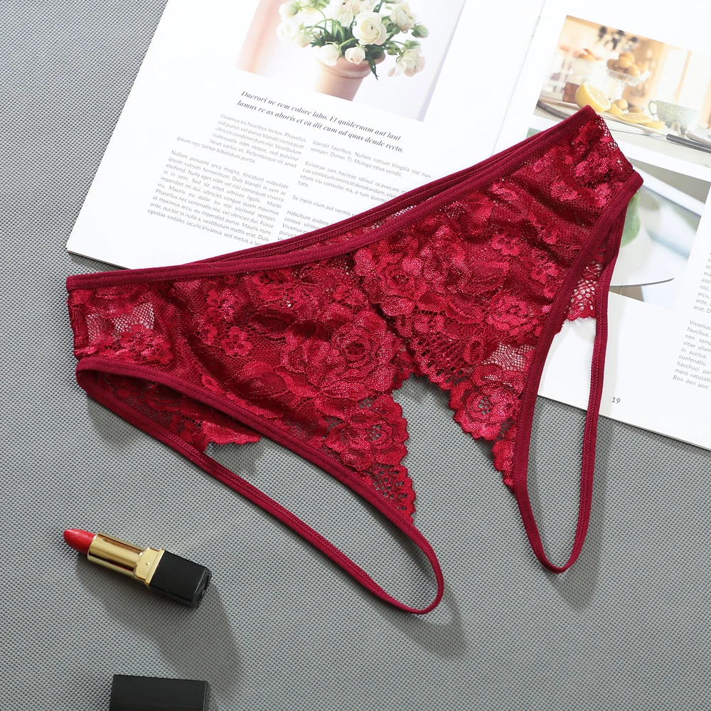 Women Open Crotch Thong Underwear Ladies Sexy Crotchless Panties Transparent Hollow Lace Lingerie for Sex