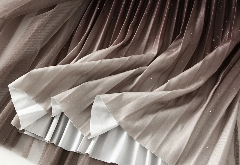 Starry Gradient Chiffon Pleated Long Skirt for Women, Solid Color 3-layer A-line High Waisted Autumn and Winter Big Swing Skirt