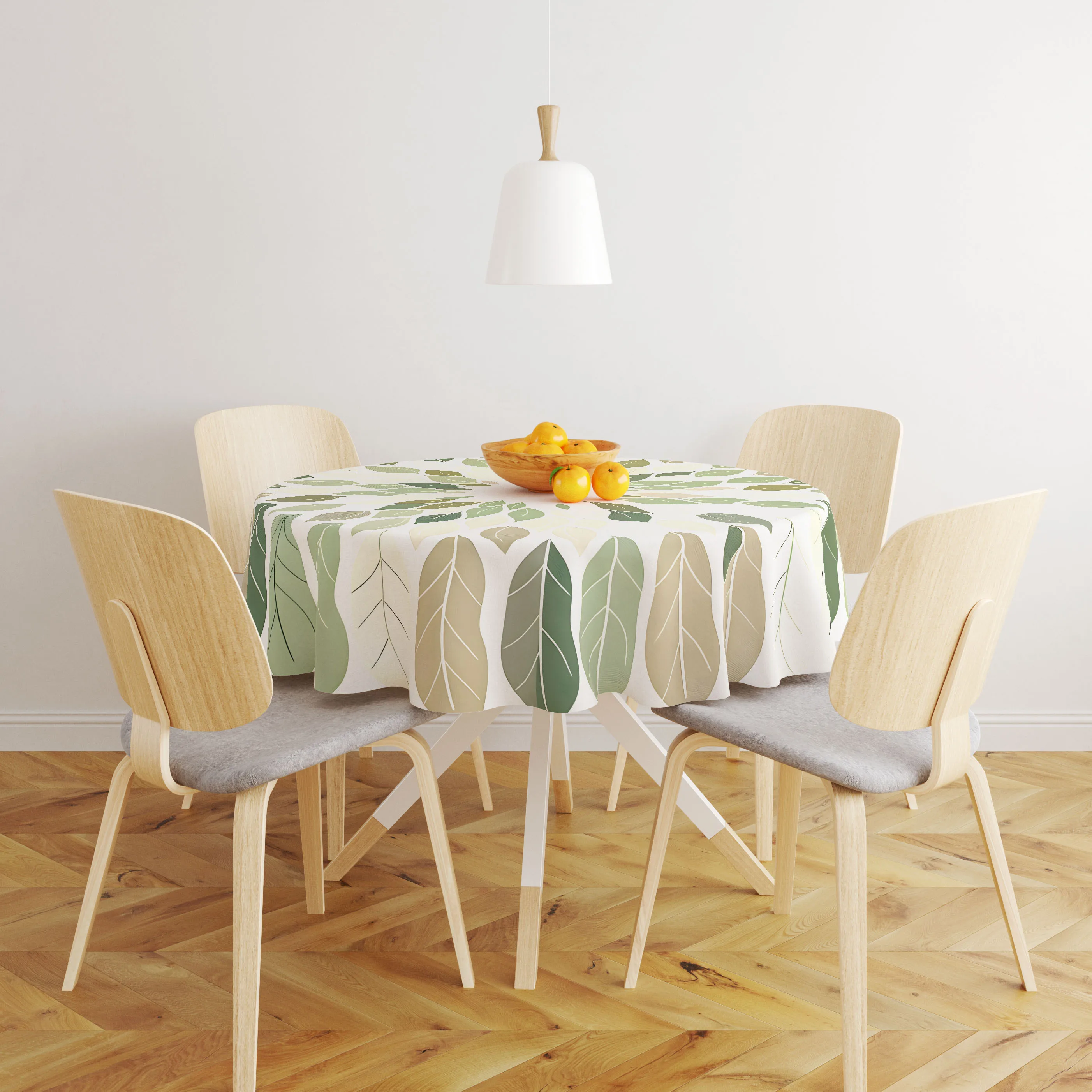 Round tablecloth, green and white plant pattern print tablecloth 2D flat print, available in all seasons and durable