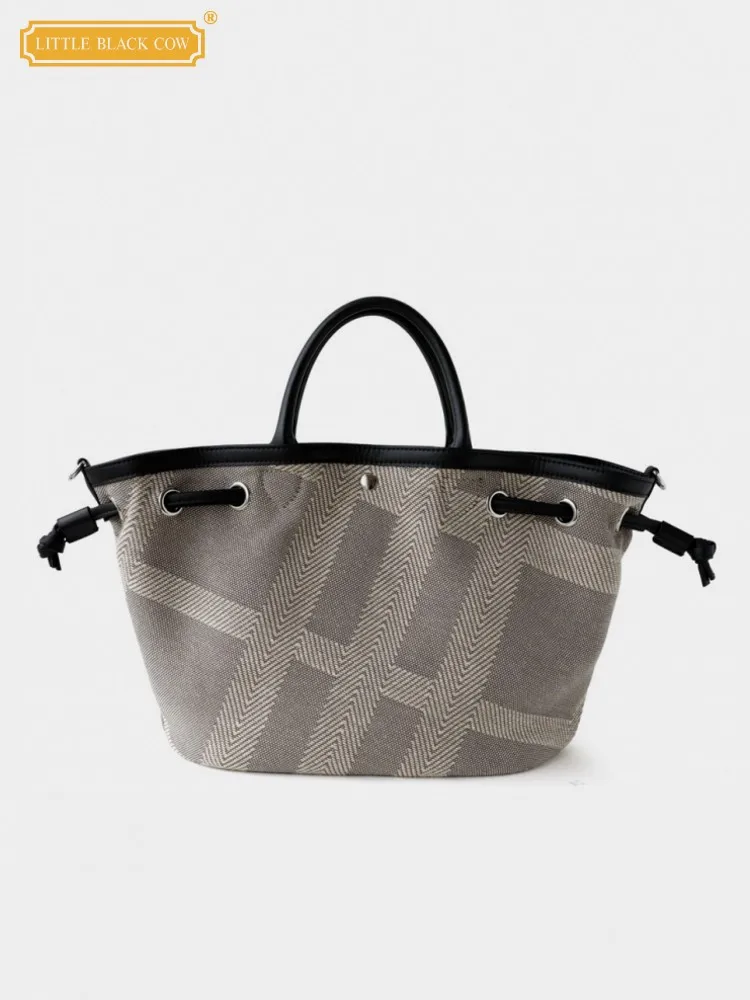 

Fashion Women Cow Leather Spliced Canvas Designer Casual Single Shoulder Hasp Solid Color Totes Underarm Crossbody Bucket Bag