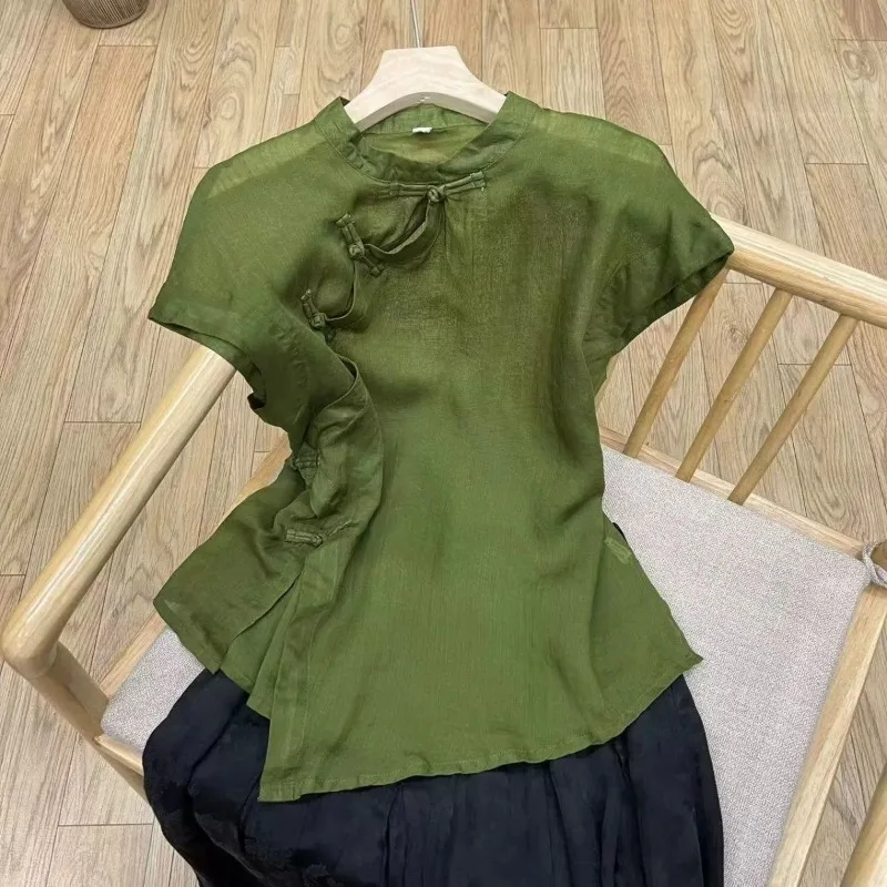 

Summer New Chinese Style Slanted Collar Buckle Blouse Women Fashion Artistic Temperament Irregular Hem Womens Tops