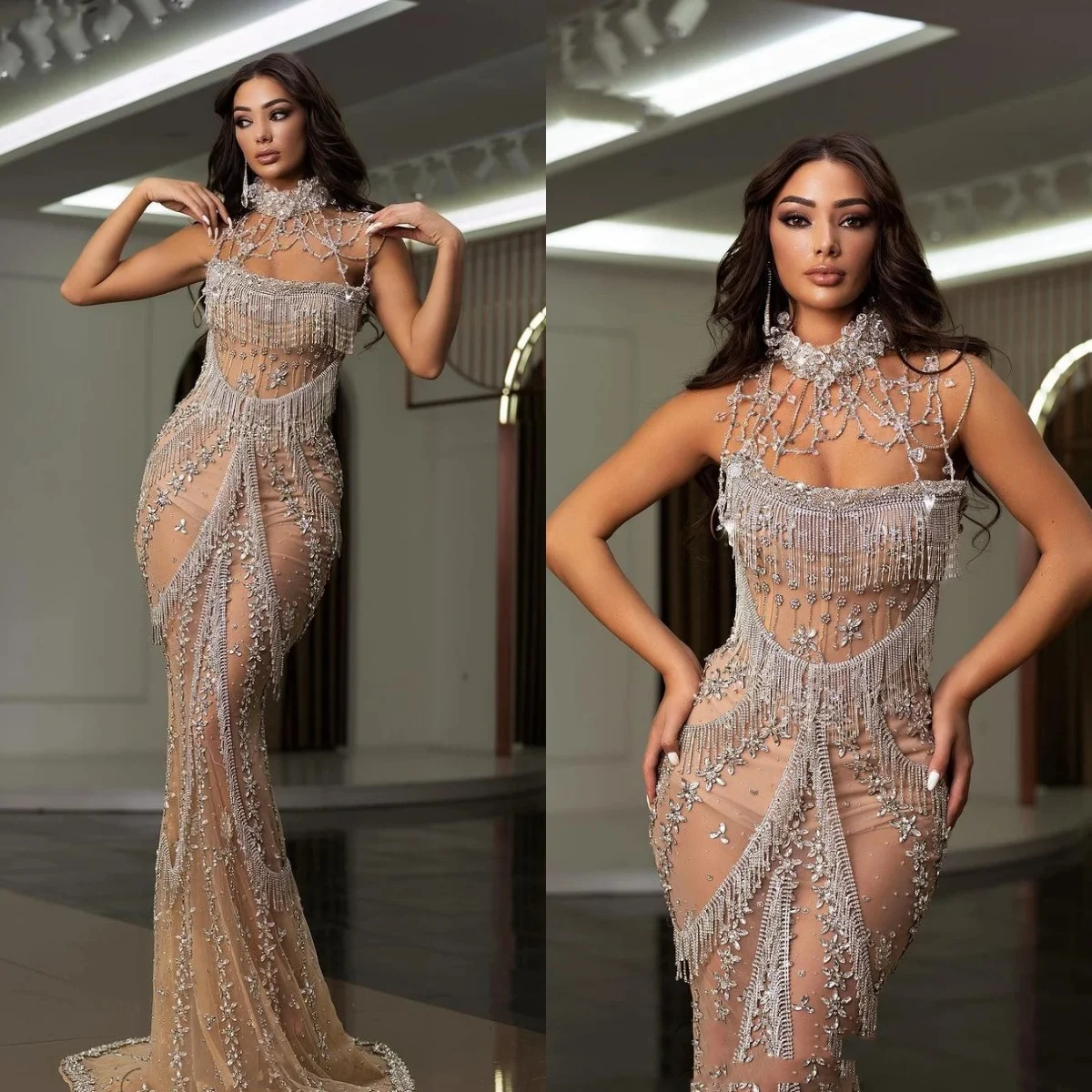 Suknie balowe z wysokim dekoltem, kryształami, eleganckimi frędzlami, koralikami, bez rękawów, suknie wieczorowe do ziemi, suknie na przyjęcia celebrytów, szyte na miarę.