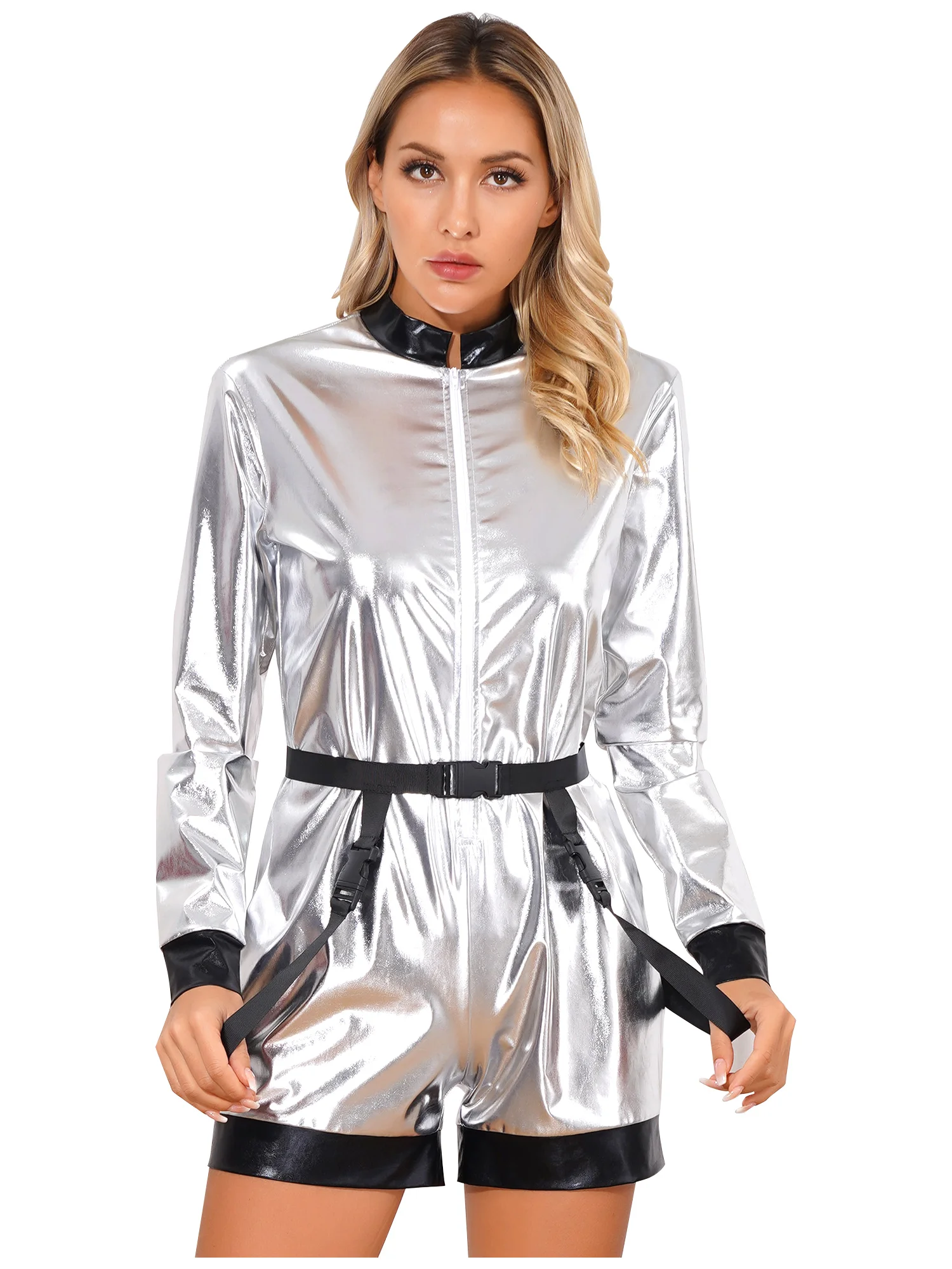 Womens Metallic Astronaut Jumpsuit with Waist Belt Front Zipper Boyshorts Bodysuit Pilots Dress-Up Spacewoman Cosplay Costumes