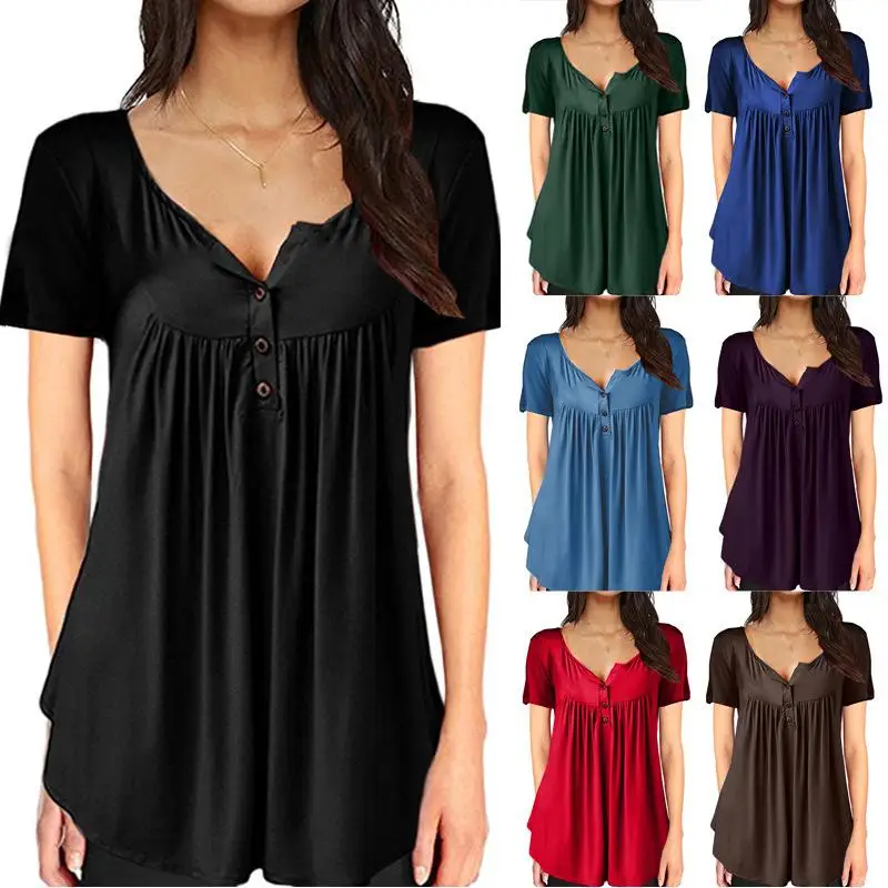 Loose Short Sleeve Mid-Length Women's T-shirt Southeast Asia Cross-Border Drawstring Button Female Fashion Summer Top
