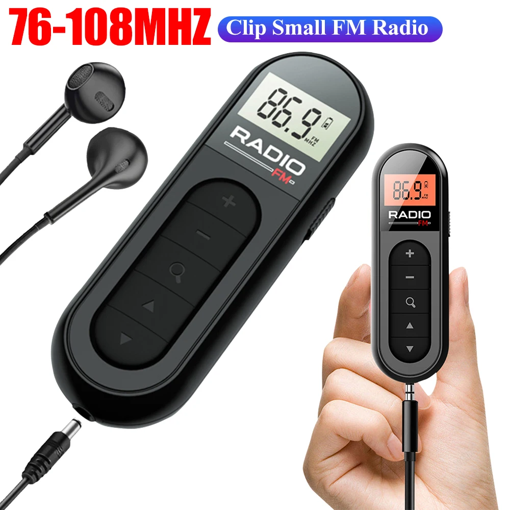 FM Radio Backlight LCD Display Mini Pocket Clip Radio with 3.5mm Headphones Small Radio for Walk Jogging Camping Type-c Charging