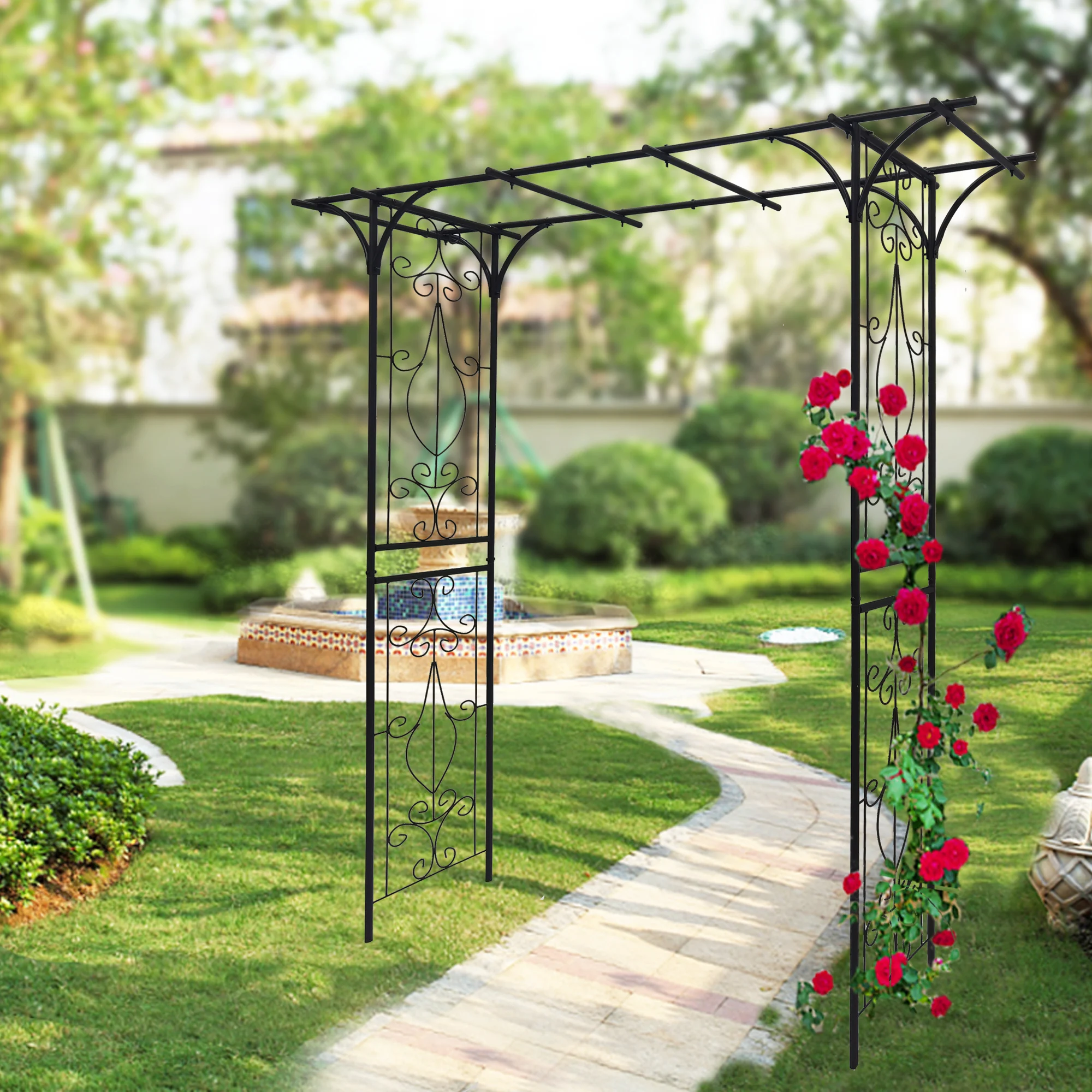 Black Metal Garden Arch for Climbing Plants Support Powder Coated Rose Arch with Easy Assembly for Backyard Application