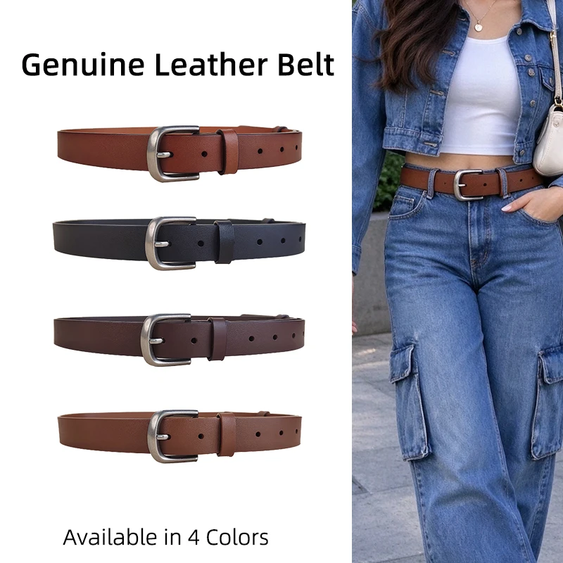 Womens Belt Tan Cowhide 2.8cm Distressed Silver Buckle for Cargo Jeans Trucker Jacket Double Denim Streetwear Outfit