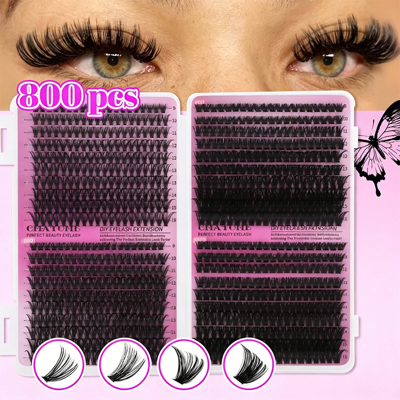 

800 Clusters D Curl DIY Lash Extension Kit Natural Thick Individual Lashes with Bond Tweezers Set for Beginners