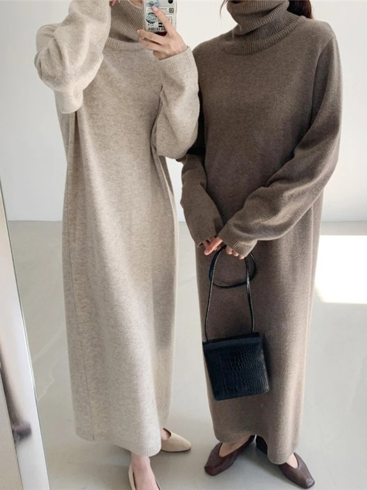 

Thick Winter Women'S Dress 2021 Fall Sweater Women Dress Long Sleeve Knitted Dresses Maxi Vintage Oversize Dresses Knitting