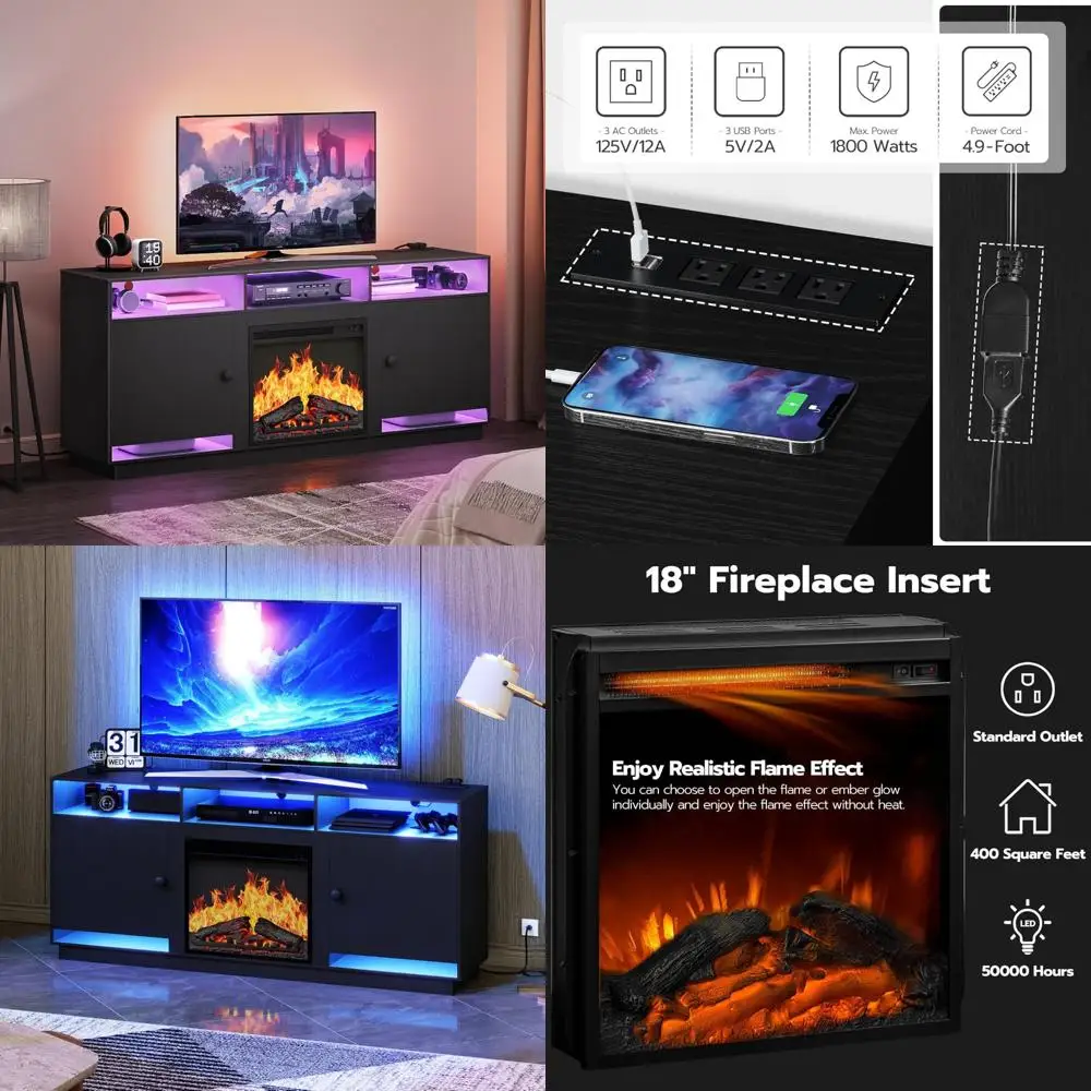 

Modern Electric Fireplace TV Stand with Charging Port and LED Lights, Sleek Black Entertainment Center for TVs 32-65 Inches