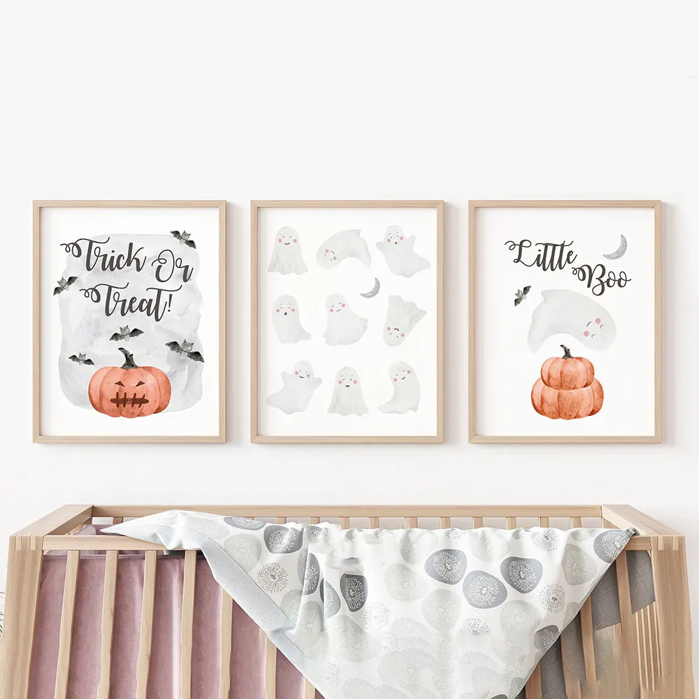 Halloween Nursery Poster Pumpkin Trick or Treat Art Print Cute Little Ghost Boo Canvas Painting Wall Picture Baby Playroom Decor