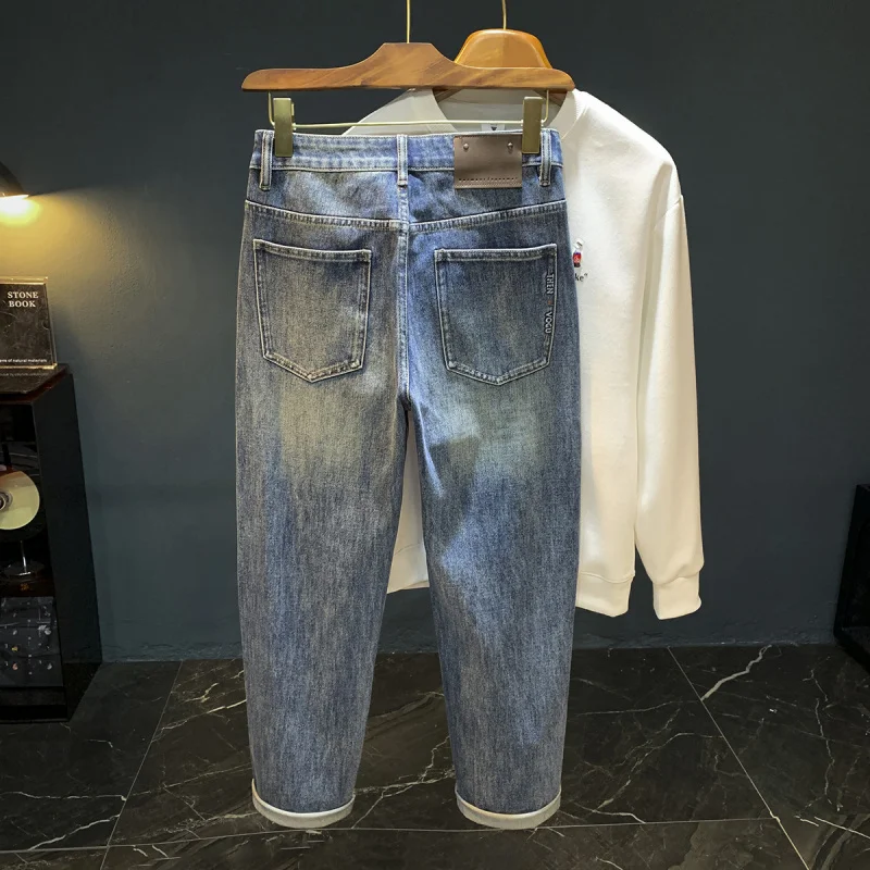 

2025 autumn loose jeans men's trendy micro harem washed old feeling blue oversized casual straight leg pants comfort