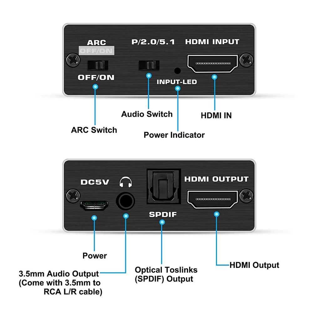 Extractor de audio HDMI 4K 60Hz HDMI 2,0 Extractor de audio divisor de arco 5,1 canales HDMI a toslink convertidor de audio para PS5 Xbox series X