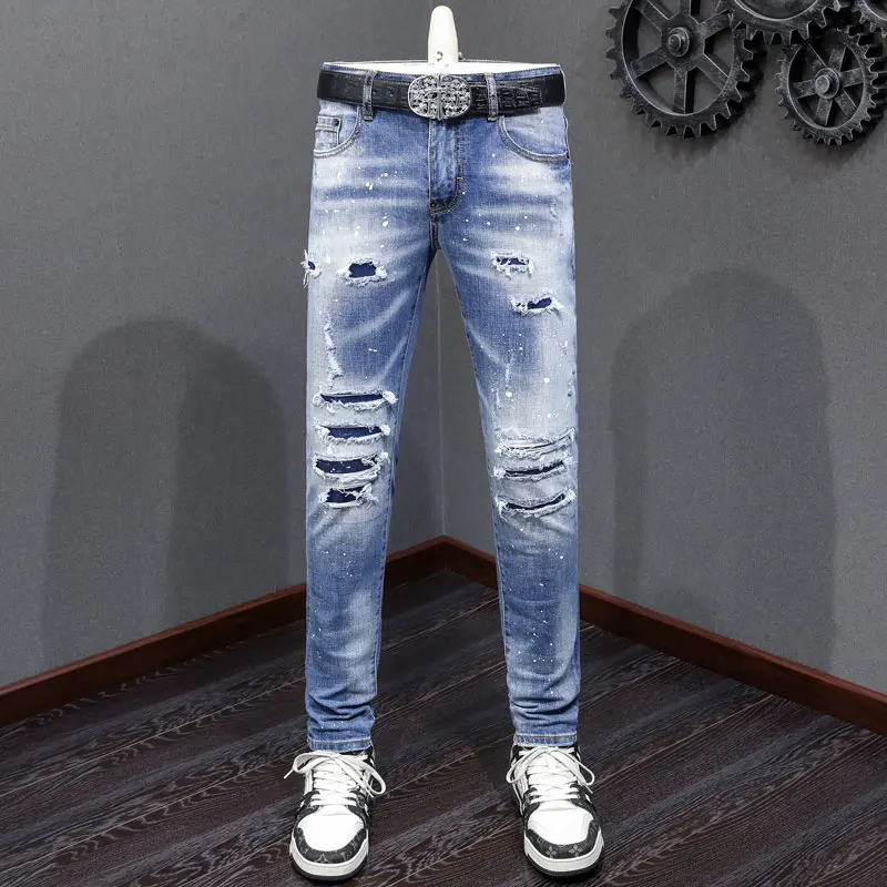 Y2KFashion New Men's Jeans Painted Perforated Patch Blue JeansY2K High Street Hip Hop Brand Pants Hombre
