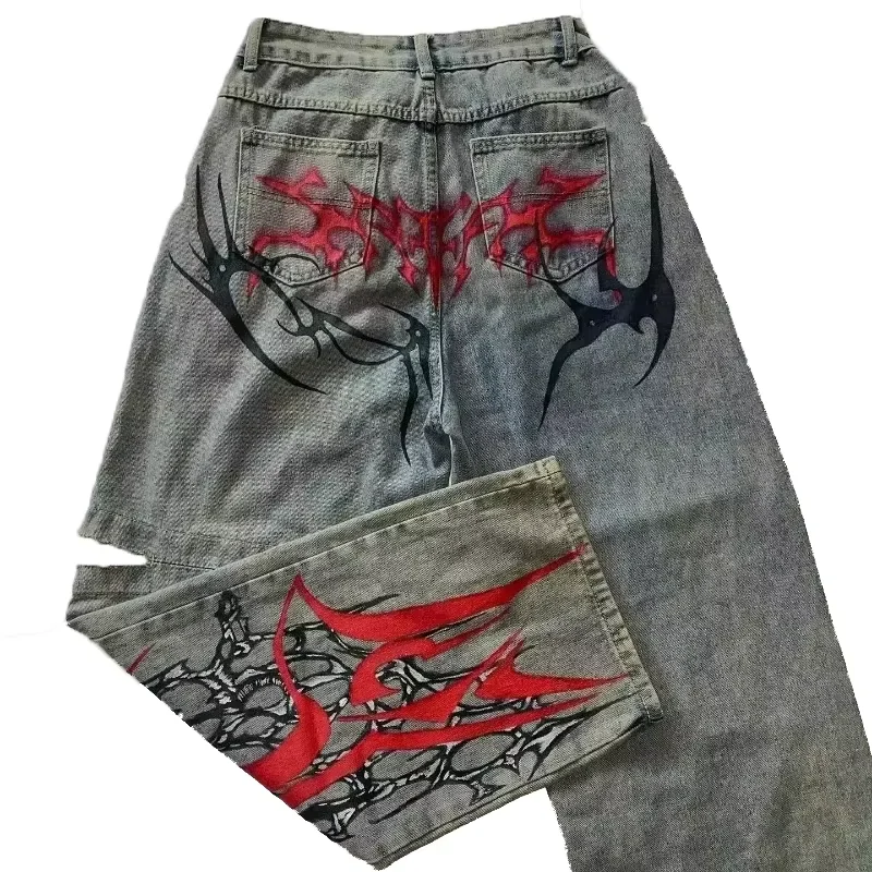 

Новинка 202, американский тренд, ретро хип-хоп, мешковатые джинсы с вышивкой для мужчин и женщин, Y2K, Harajuku, готические широкие брюки, уличная одежда