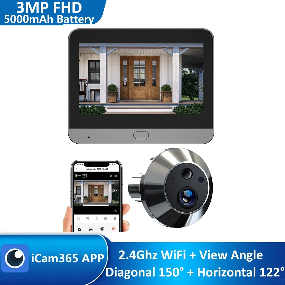 Smart 3MP Mini Digital Peephole Door Camera Wireless WiFi Infrared IR PIR Motion Detection Digital Viewer Doorbell iCam365 APP