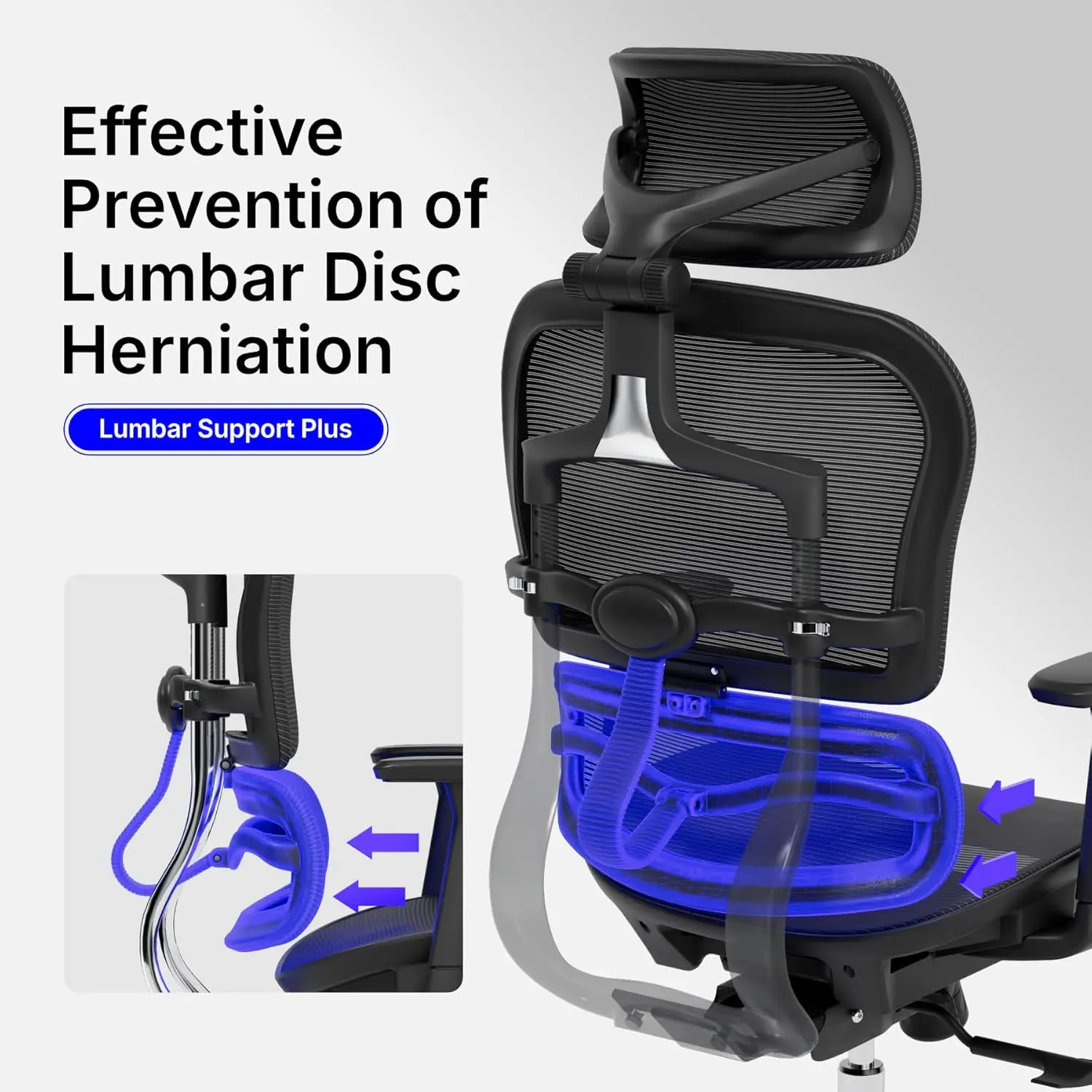 Kursi kantor jala ergonomis, dengan sandaran tangan 3D yang dapat disesuaikan, kursi meja belakang tinggi jala-sandaran kepala dapat disesuaikan dengan dukungan pinggang yang dapat disesuaikan