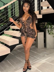 Nibber Thin Sexy Summer Romper Women Flocking Leopard Print Backless v-Neck Tassel Coquette Midnight Party Workout Playsuits