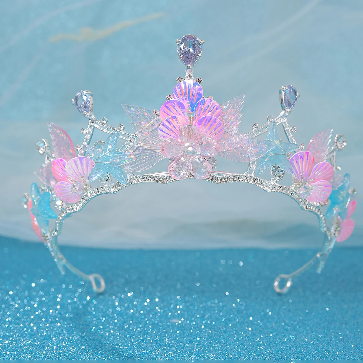 Moda srebrny złoty kolor kryształowa tiara ze strasami i korona gwiazdy ryba ręcznie robiona diadem księżniczki ślubne akcesoria do włosów dla nowożeńców — zdjęcie 5