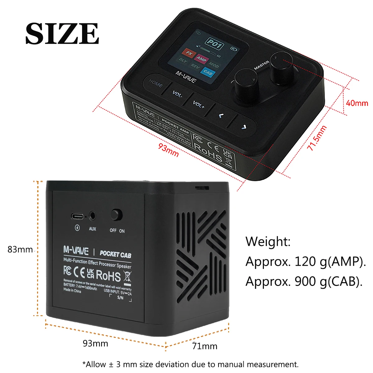 M-VAVE POCKET AMP/CAB/COMBO All-in-One Guitar Rig – Effects Processor + Rechargeable Speaker, 7h Battery, USB Audio, Black/Gray