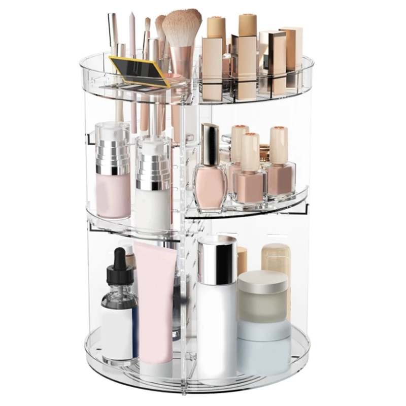 

360 Rotating Storage Rack With Slot Top, Cosmetics Storage Shelf With Adjustable Layer