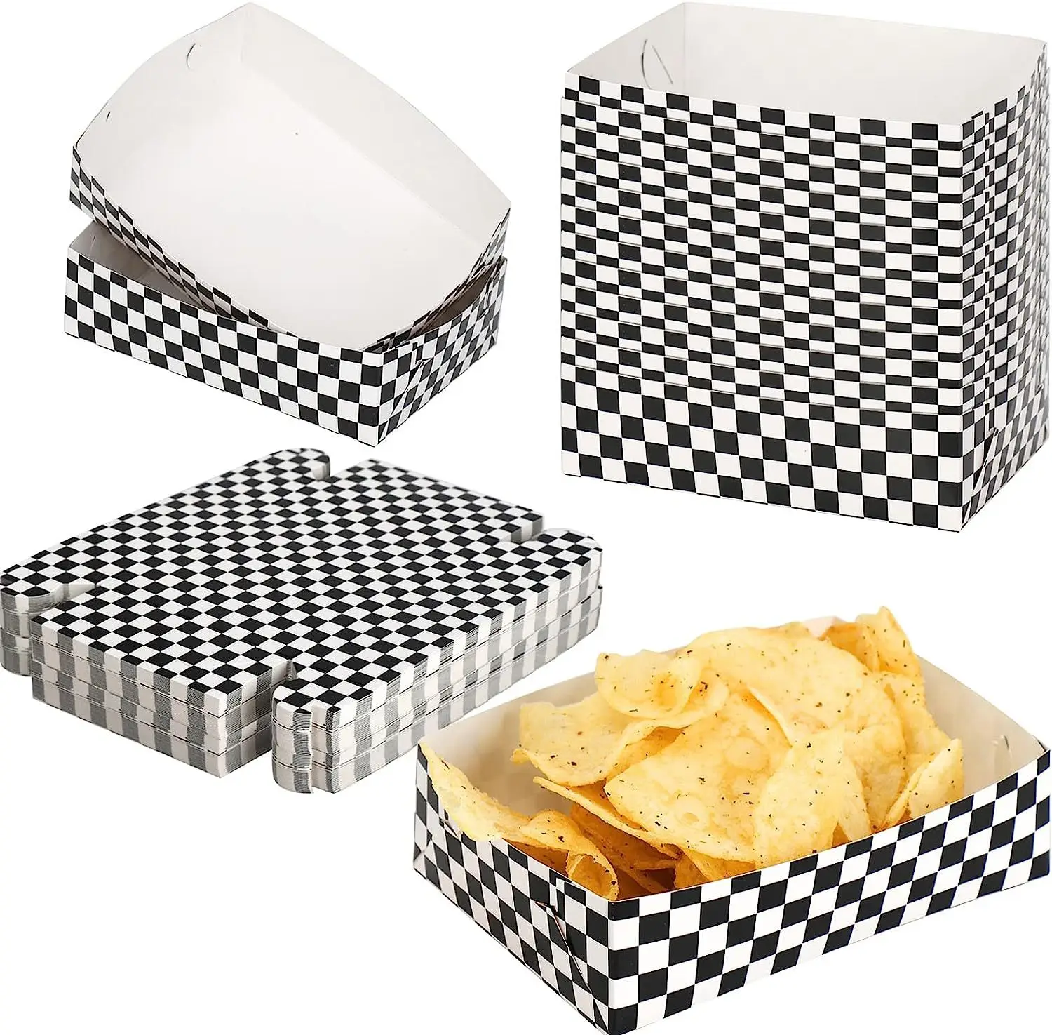 Checkered Snack Tray Paper for Race Car Birthday Decoration Black and White Checker Disposable Party Trays Plates Cardboard Box