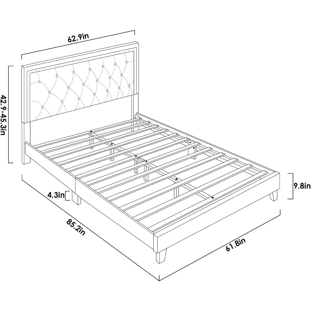 Queen Bed Frame, Upholstered Platform Bed Frame with Modern Adjustable Headboard, Diamond Tufted Mattress Foundation with Wooden