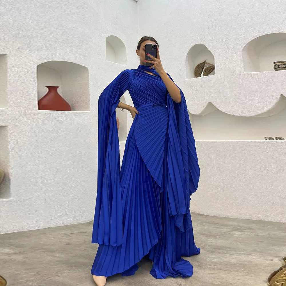 

Royal Blue Evening Dresses High Neck Long Sleeves Islamic A Line Wedding Party Gowns Arabic Dubai LACİVERT Saten ABİYE ELBİSE