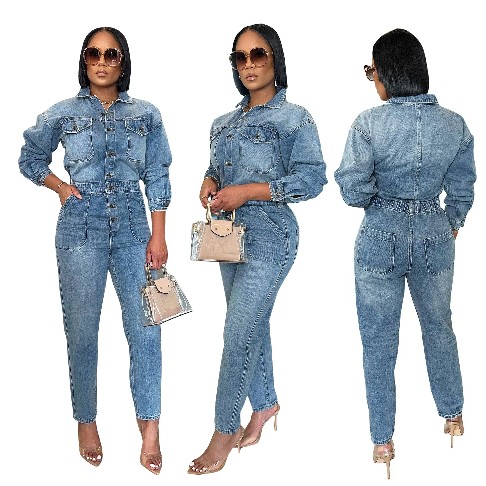 Women's Fall/winter New Light Blue Sexy Fashion Denim Romper with Lapel Long Sleeve Single Breasted Skinny Denim Romper Jumpsuit