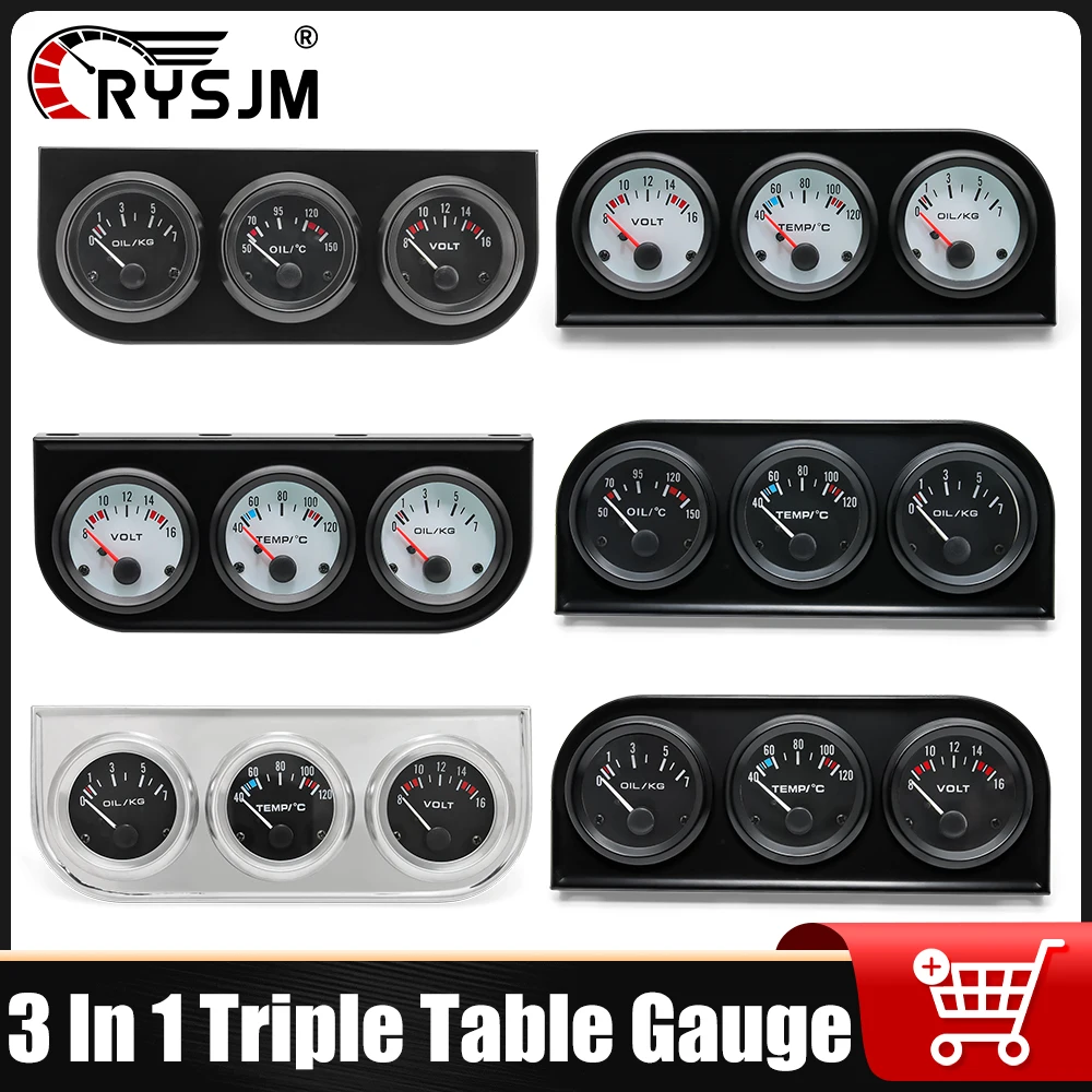 

3 In 1 Car Triple Table Gauge 12V LED Meter Oil Pressure Gauge Water Temperature Oil Temp Meter Voltmeter with Sensor For 12V