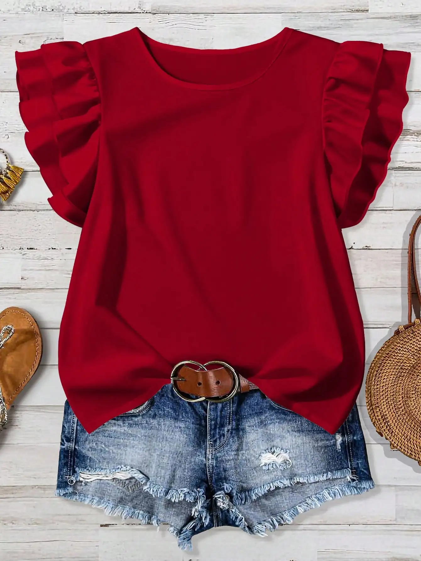 

Women Solid Color Round Neck Ruffle Sleeve Blouse Casual Spring Top