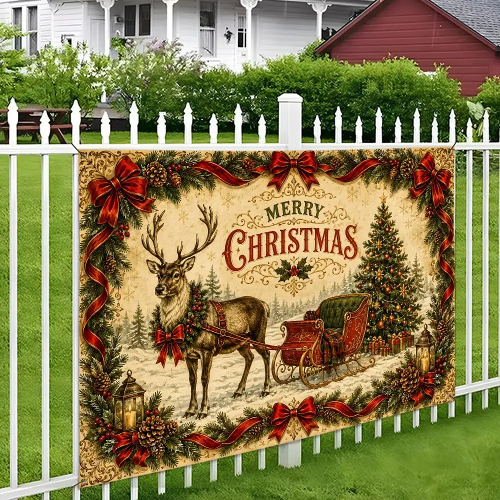Vintage Christmas Flag Vivid Print Durable Easy Hang Reusable Indoor Outdoor Porch Yard Wall Decor Tree Reindeer Sleigh Flags