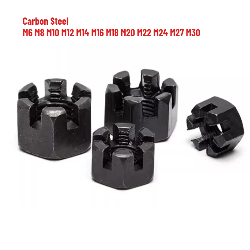 

1-50pcs M6 M8 M10 M12 M14 M16 M18 M20 M22 M24 M27 M30 GB58 Black Carbon Steel Hexagonal Slotted Nut With Slotted Screw Cap