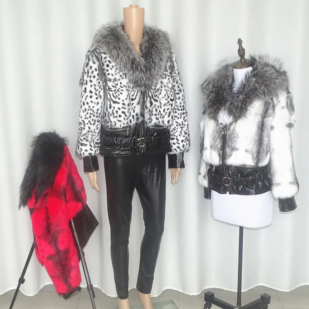 leather jacket Natural fur white Leopard Cross stripe Sexy women's wear Angora rabbit fur female fur coat Zipper short  Real fur