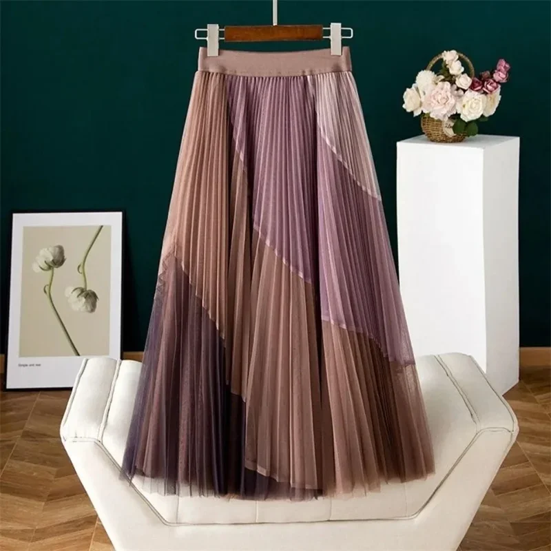 Pop Lady Fashion Pleated Double-layer Maxi Skirt 2025 Femme High Waist Long Skirts Spring Summer Women Leisure Color Blocking Sk