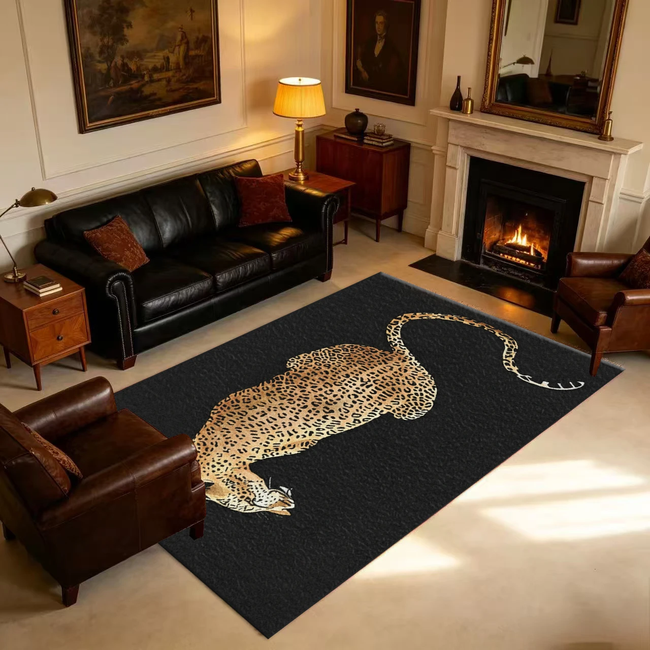 Vintage Leopard Print Wildlife Pattern Black Background Carpet Non-Slip Fashion Carpet Suitable for Bedroom Living Room Home Decor