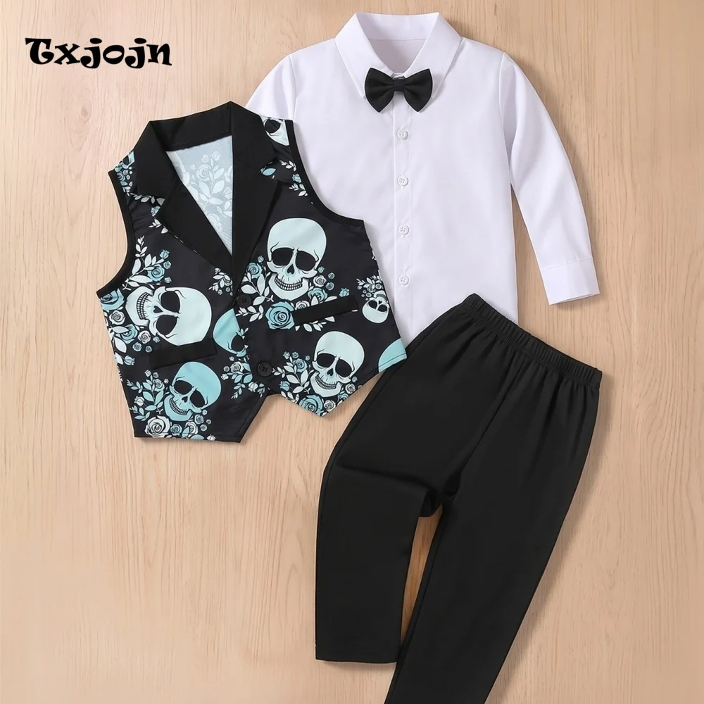 Boy's Formal Suit Set for Halloween Children's 3 Piece Set Printed Clothes Bow Long-Sleeve Top Pants Vest Kids Party Outfit
