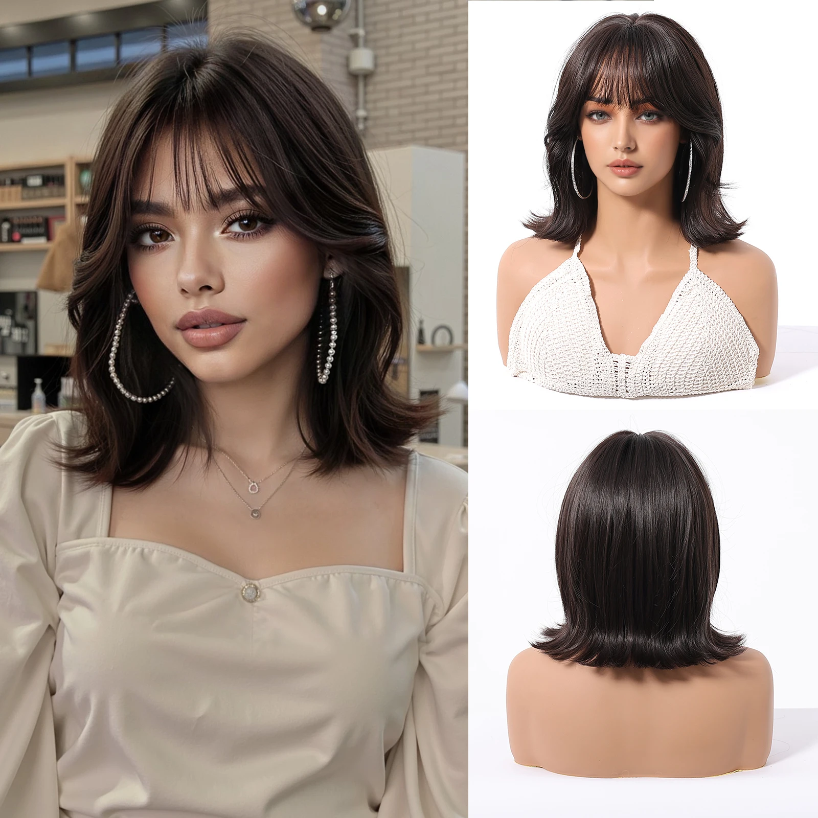 ALAN EATON Dark Brown Synthetic Wigs with Bangs Short Straight Hair Wig for Women Natural Looking Daily Party Heat Resistant