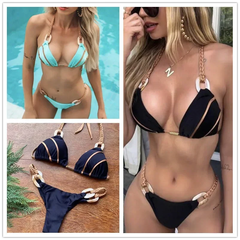 Costumi da bagno sessuali per vacanze al mare bikini da donna con cinturino in tinta unita