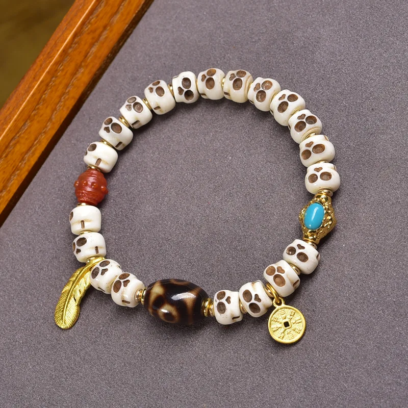 

Tibetan-Style Bone Carving Skull Garden Artistic Bead Bracelet Single-Strand Agate Turquoise Yak Bone Skull Buddha Bead Bracelet