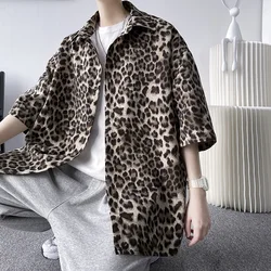 Brown/Gray Leopard Printed Shirt Men Loose Breathable Men's Shirts Summer Male Shirt High Street Casual Short Sleeve Tops