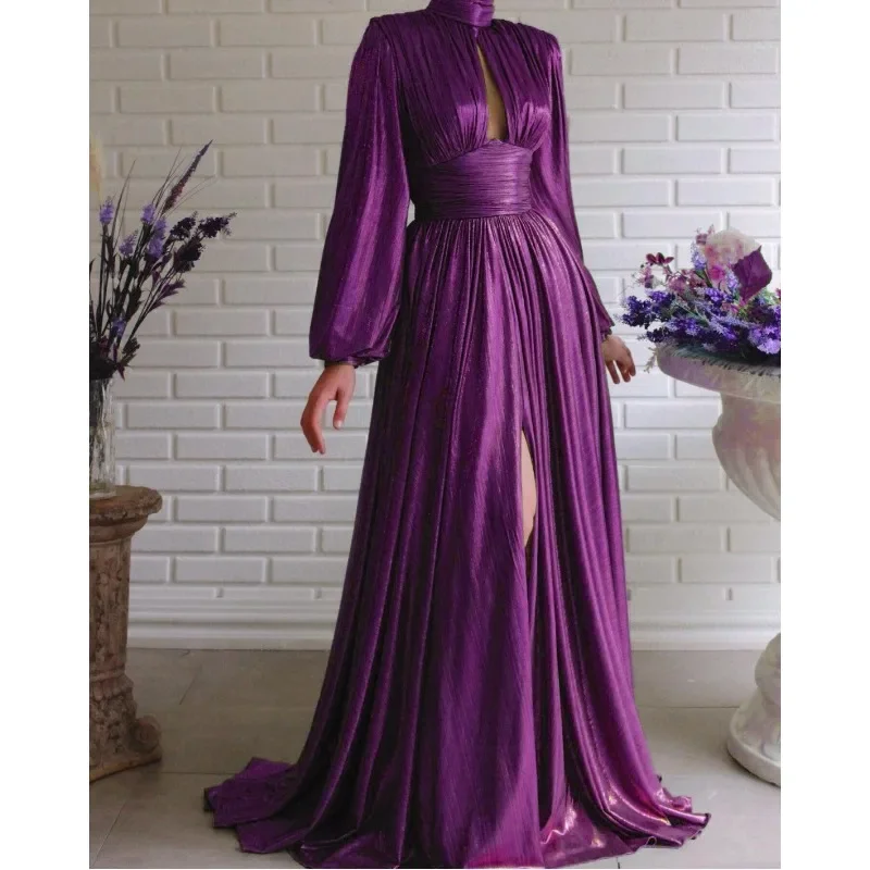 

Sexy Long Lantern Sleeve Stand Collar Slit Evening Graduation Dress Elegant Summer Autumn Corset Party Dress for Women