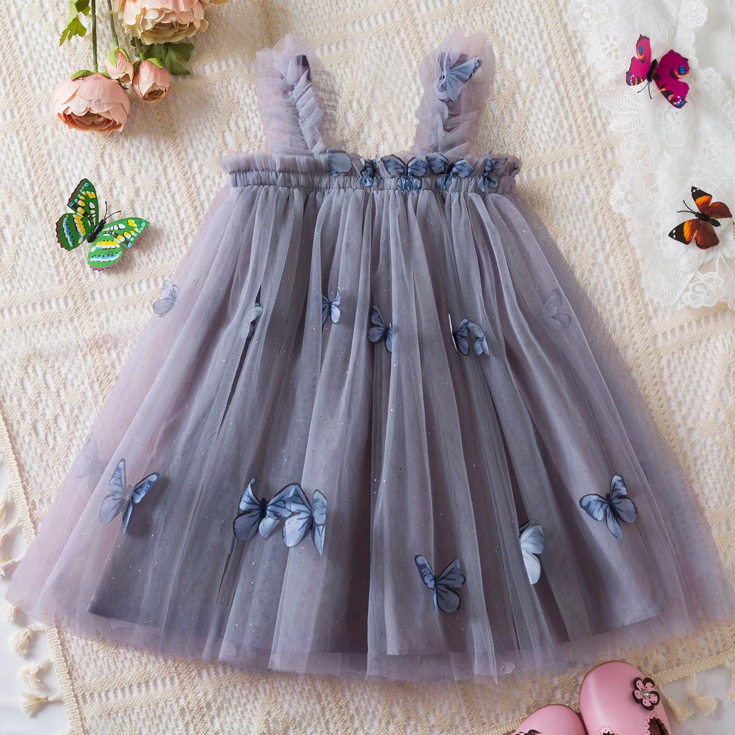 Summer New Baby Girls Dress 1-5 Yrs Girls Princess Birthday Party Dresses 3D Butterfly Mesh Strap Dress Children Casual Clothes