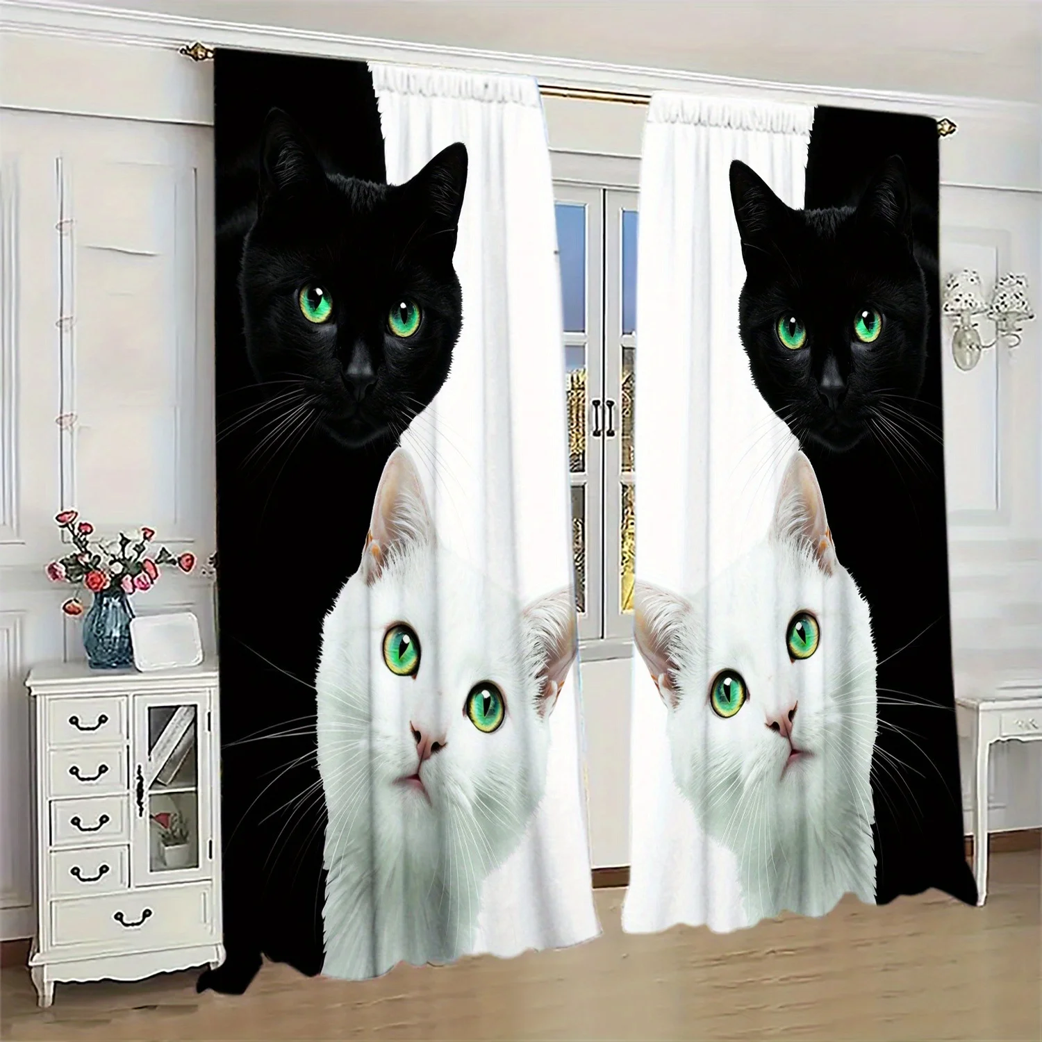 Black and White Cat Curtains, Green Eyes Kitten Print Drapes for Living Room, Cute Pet Animal Window Treatment Home Decor