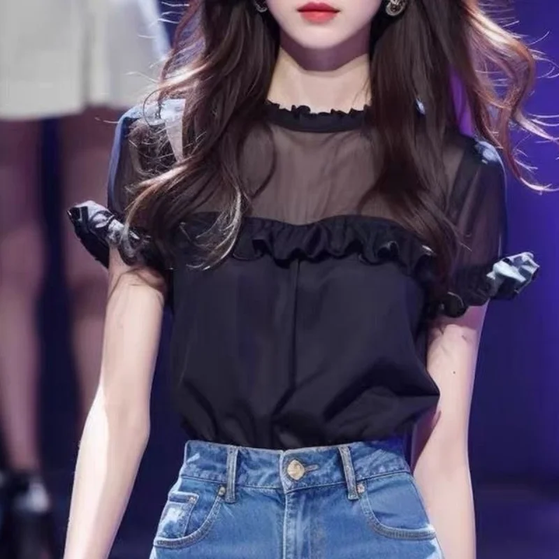 

New Solid Color Fashion Ruffles Patchwork Short Sleeve Shirt Summer Office Lady Round Neck Loose Casual Women's Wear