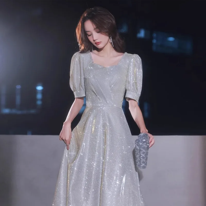 

Evening Dress 2025 New Light and High-end Temperament Banquet Noble and Shiny Square Collar Pearl Short-sleeved A-line Skirt
