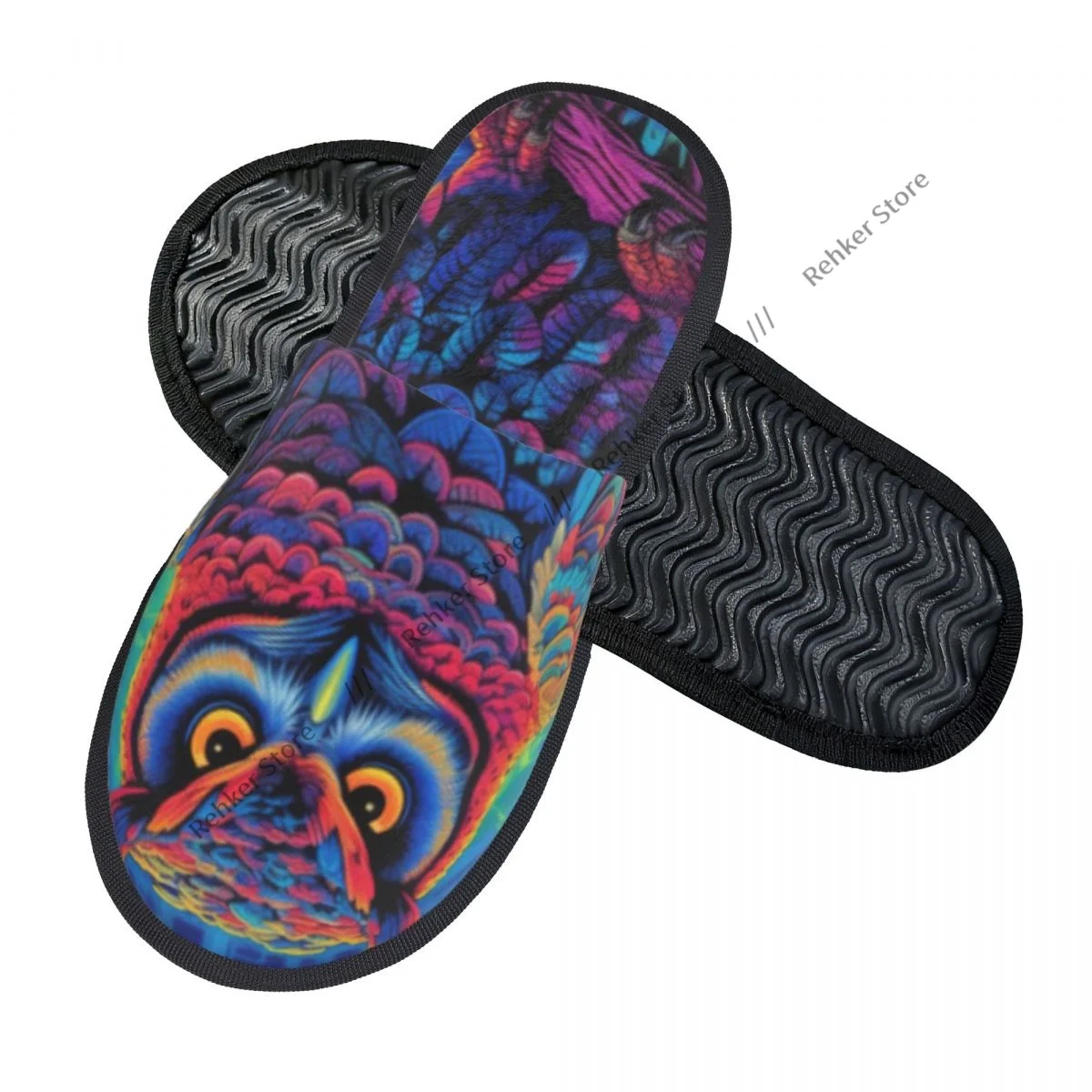 Colorful Owl On Branch In The Forest Indoor Slippers Furry Slipper Winter Home Shoes House Flat Closed Toe Slides Flip Flops
