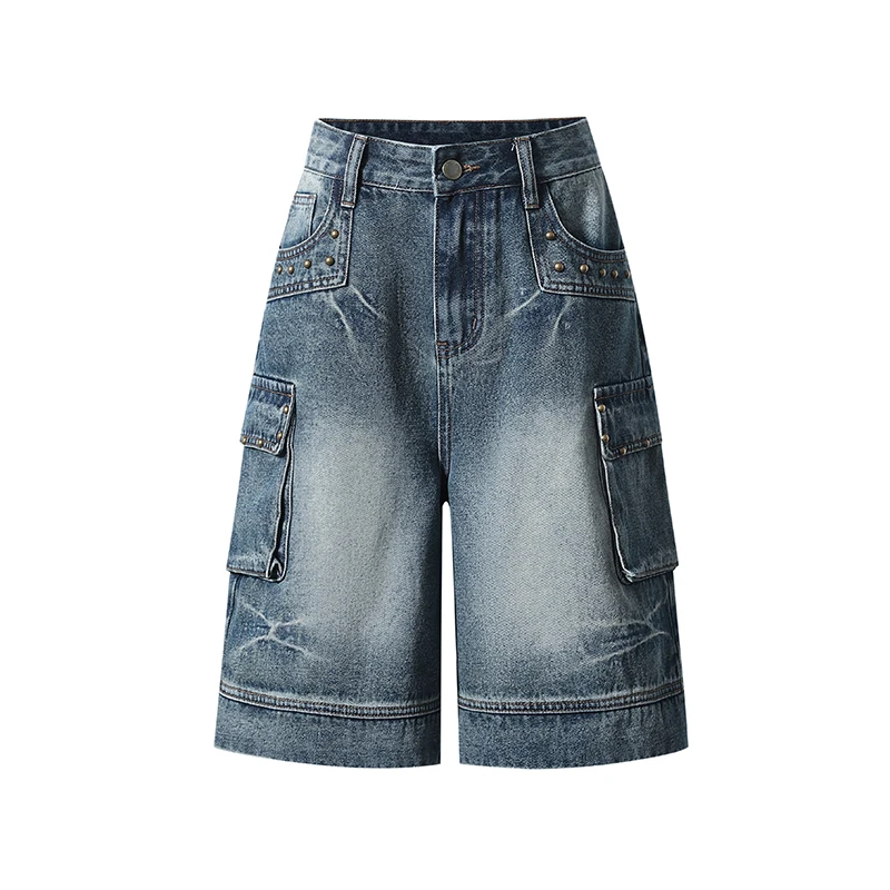 Vintage Heavy Rivet Craft Multi Pocket Cargo Five Points Denim Shorts Ladies Loose Fit Summer Daily Casual Pants